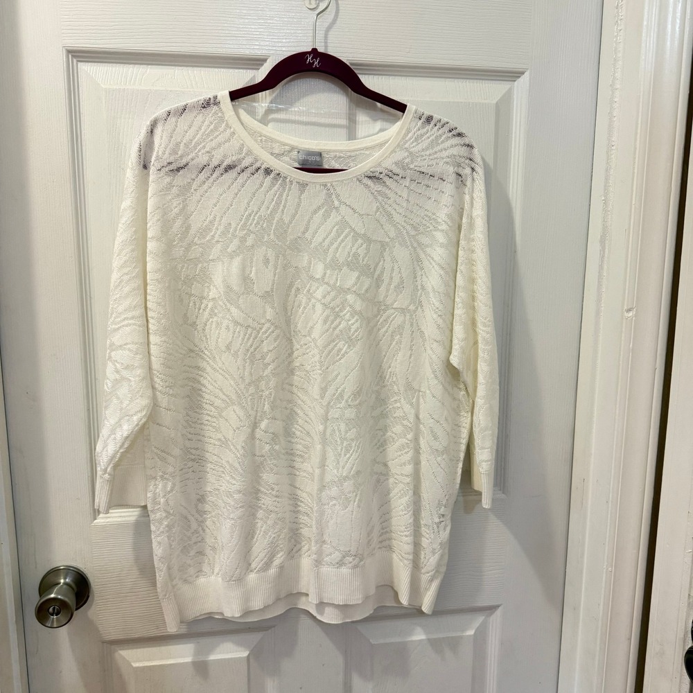 Chicos 3(XL) Alabaster White Floral Burnout Jacquard Sweater Top Classy Chic